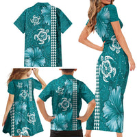 Teal Hibiscus Turle Family Matching Short Sleeve Bodycon Dress and Hawaiian Shirt Hawaiian Style Tribal Tapa Pattern LT9 - Polynesian Pride