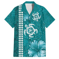 Teal Hibiscus Turle Family Matching Short Sleeve Bodycon Dress and Hawaiian Shirt Hawaiian Style Tribal Tapa Pattern LT9 Dad's Shirt - Short Sleeve Teal - Polynesian Pride