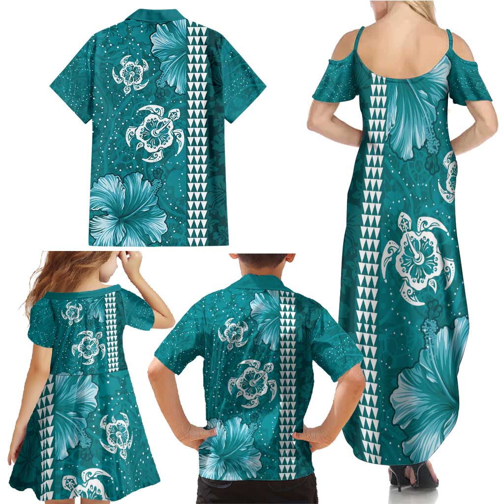 Teal Hibiscus Turle Family Matching Summer Maxi Dress and Hawaiian Shirt Hawaiian Style Tribal Tapa Pattern LT9 - Polynesian Pride