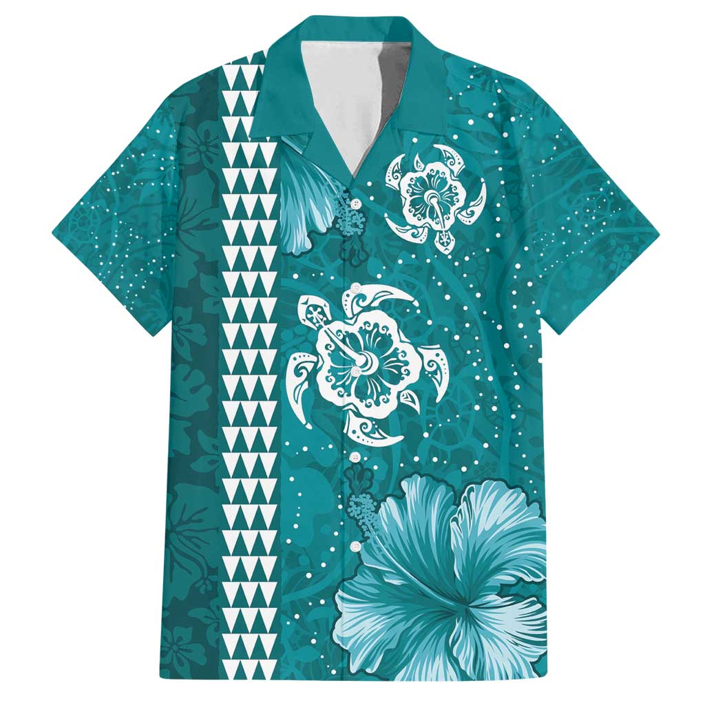 Teal Hibiscus Turle Family Matching Summer Maxi Dress and Hawaiian Shirt Hawaiian Style Tribal Tapa Pattern LT9 Dad's Shirt - Short Sleeve Teal - Polynesian Pride