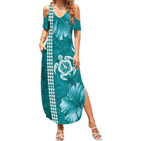 Teal Hibiscus Turle Family Matching Summer Maxi Dress and Hawaiian Shirt Hawaiian Style Tribal Tapa Pattern LT9 Mom's Dress Teal - Polynesian Pride
