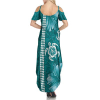 Teal Hibiscus Turle Family Matching Summer Maxi Dress and Hawaiian Shirt Hawaiian Style Tribal Tapa Pattern LT9 - Polynesian Pride