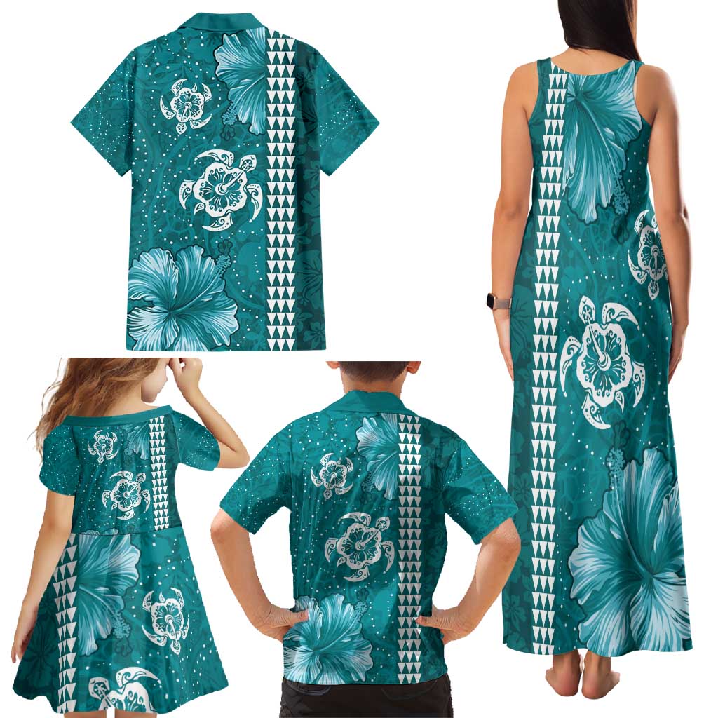 Teal Hibiscus Turle Family Matching Tank Maxi Dress and Hawaiian Shirt Hawaiian Style Tribal Tapa Pattern LT9 - Polynesian Pride