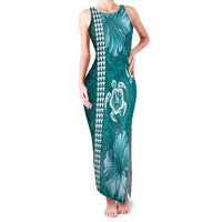 Teal Hibiscus Turle Family Matching Tank Maxi Dress and Hawaiian Shirt Hawaiian Style Tribal Tapa Pattern LT9 Mom's Dress Teal - Polynesian Pride