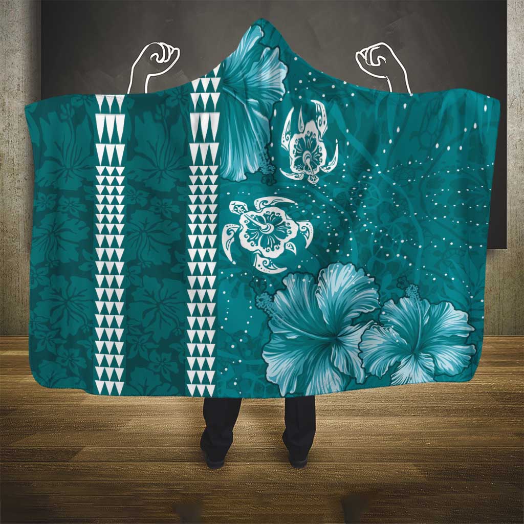 Teal Hibiscus Turle Hooded Blanket Hawaiian Style Tribal Tapa Pattern