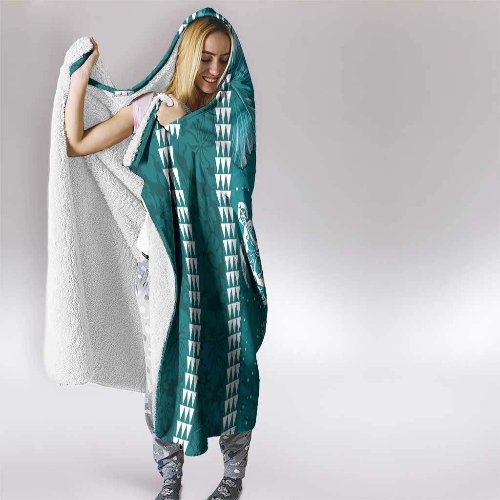 Teal Hibiscus Turle Hooded Blanket Hawaiian Style Tribal Tapa Pattern