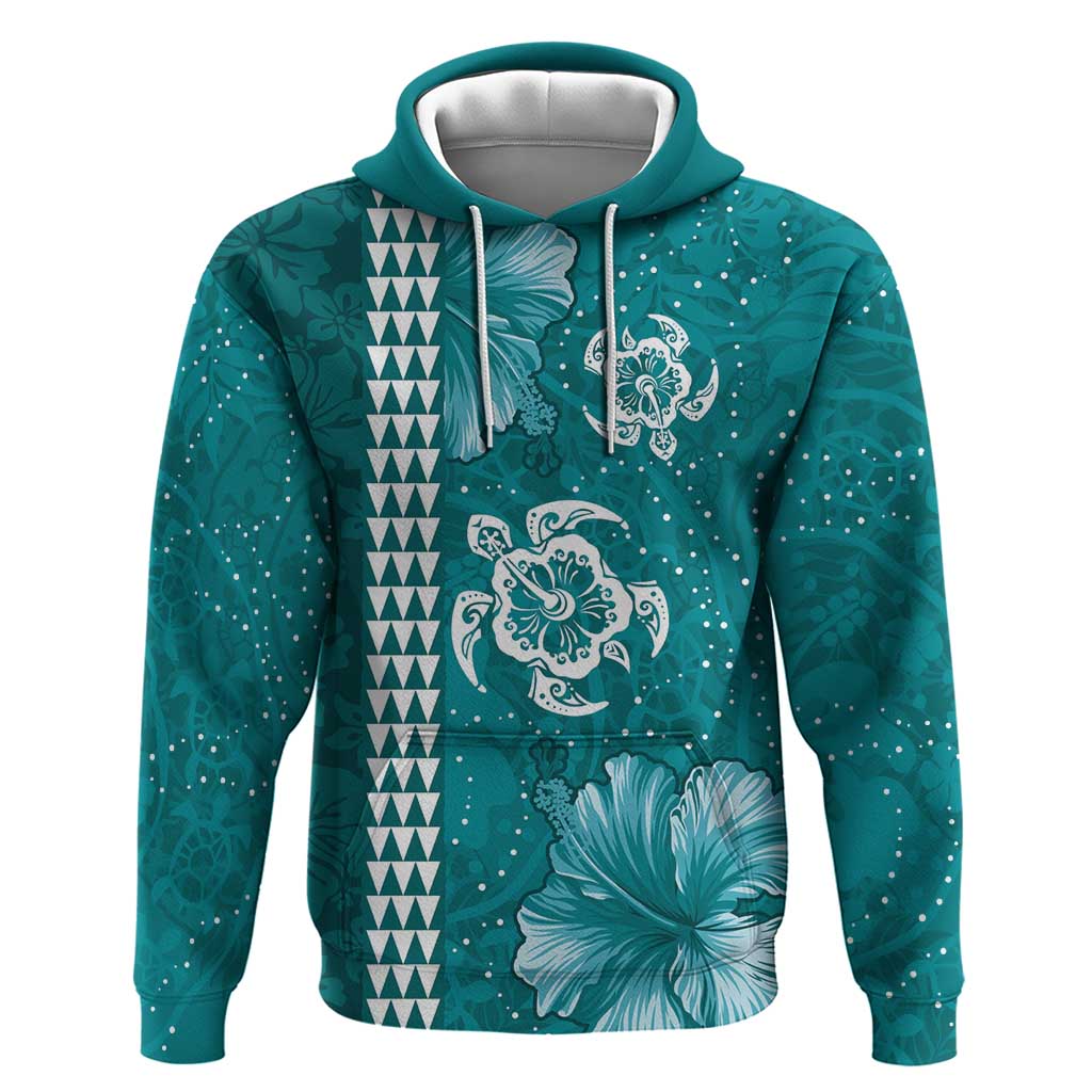 Teal Hibiscus Turle Hoodie Hawaiian Style Tribal Tapa Pattern