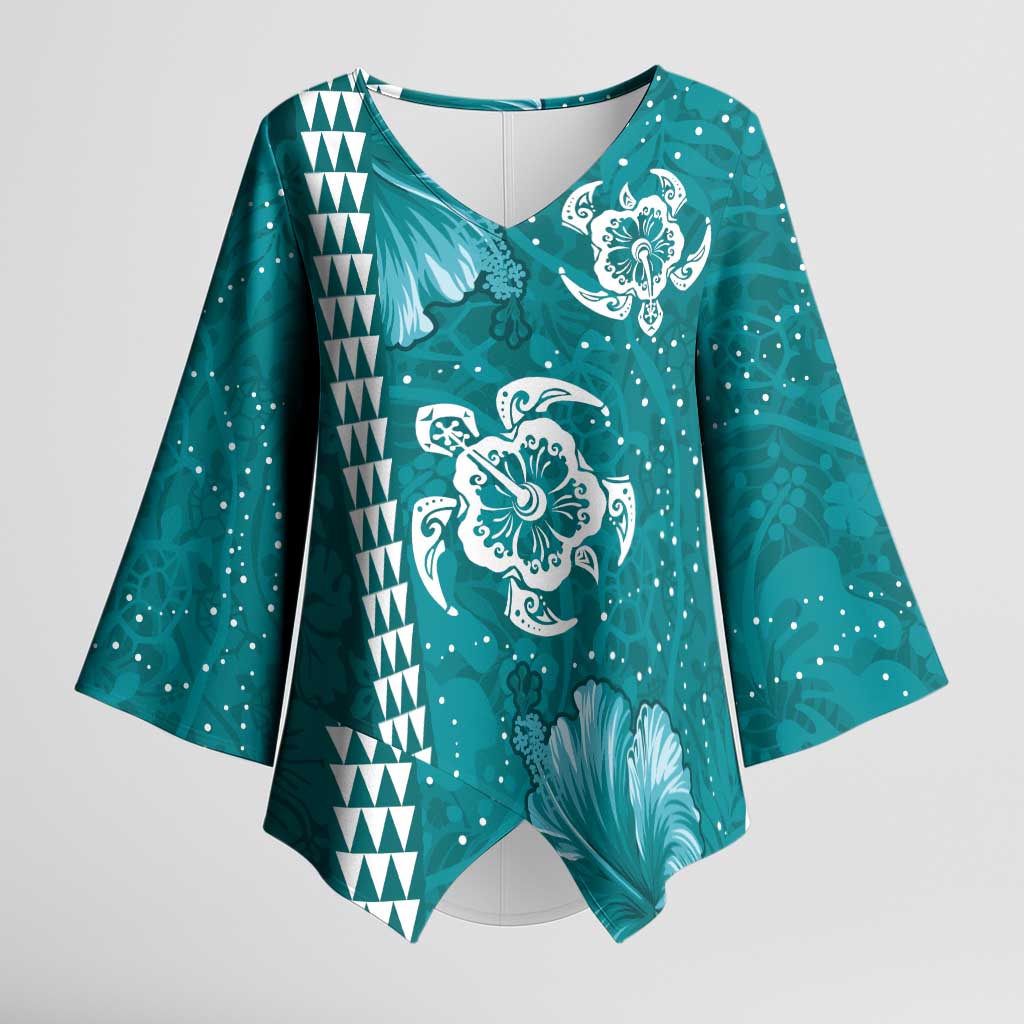 Teal Hibiscus Turle Kimono Sleeve Blouse Hawaiian Style Tribal Tapa Pattern LT9 Female Teal - Polynesian Pride