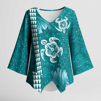 Teal Hibiscus Turle Kimono Sleeve Blouse Hawaiian Style Tribal Tapa Pattern LT9 Female Teal - Polynesian Pride