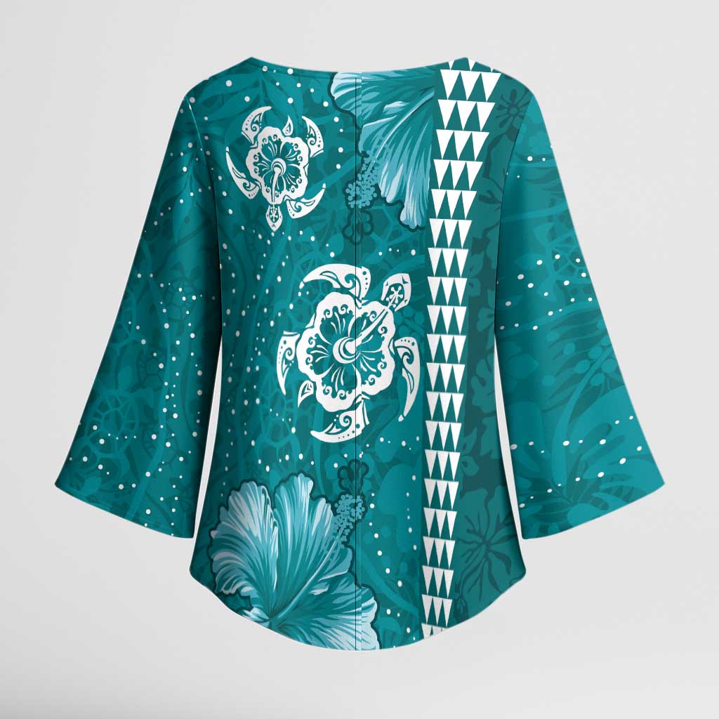 Teal Hibiscus Turle Kimono Sleeve Blouse Hawaiian Style Tribal Tapa Pattern LT9 - Polynesian Pride