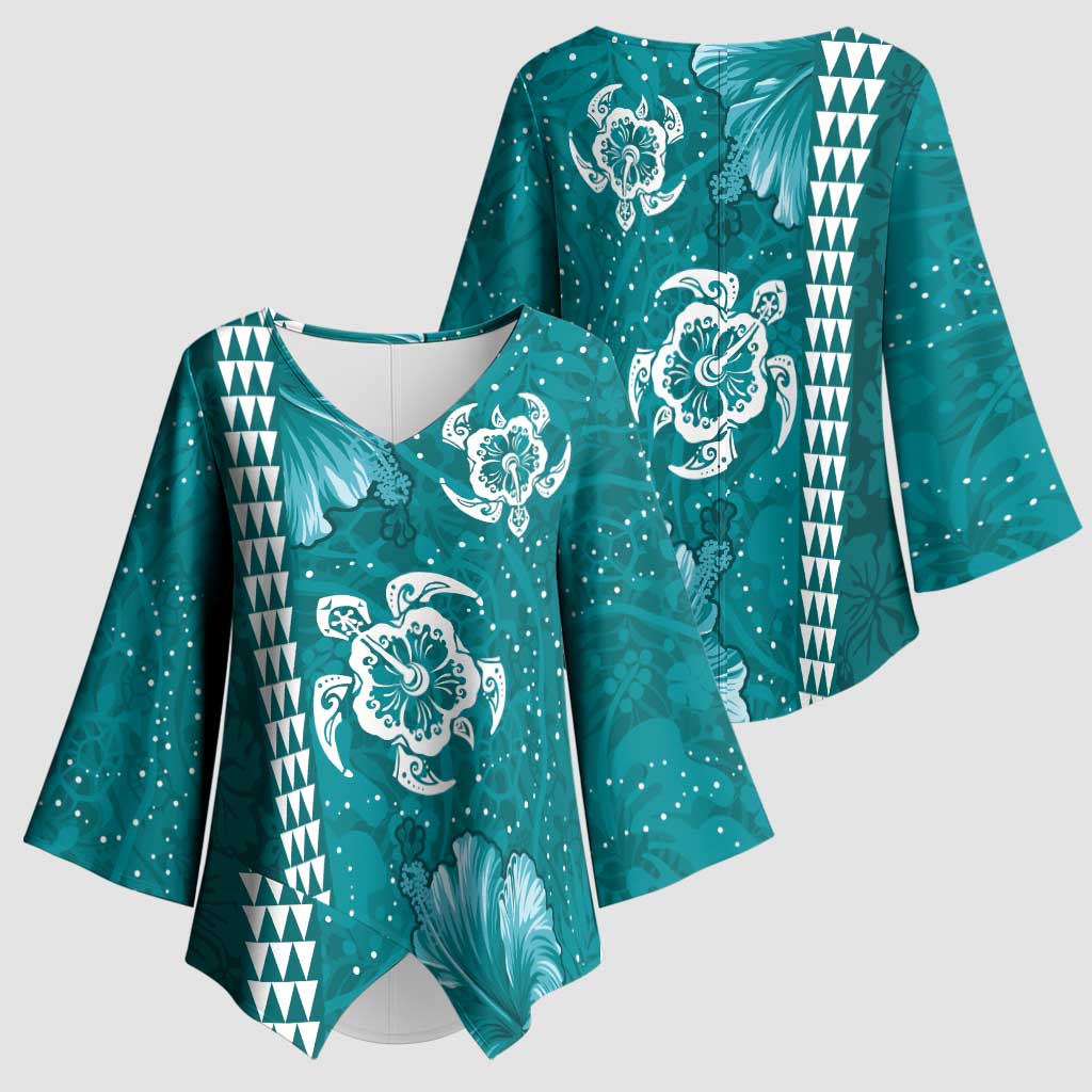 Teal Hibiscus Turle Kimono Sleeve Blouse Hawaiian Style Tribal Tapa Pattern LT9 - Polynesian Pride