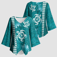 Teal Hibiscus Turle Kimono Sleeve Blouse Hawaiian Style Tribal Tapa Pattern LT9 - Polynesian Pride