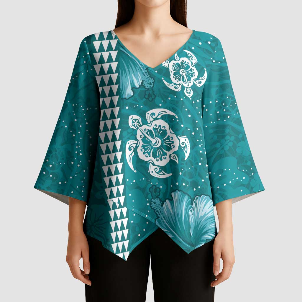 Teal Hibiscus Turle Kimono Sleeve Blouse Hawaiian Style Tribal Tapa Pattern LT9 - Polynesian Pride