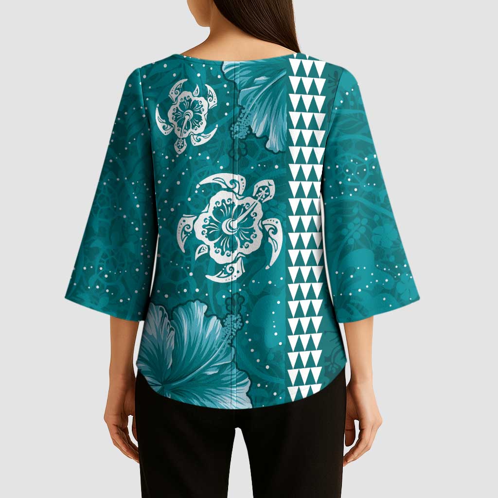 Teal Hibiscus Turle Kimono Sleeve Blouse Hawaiian Style Tribal Tapa Pattern LT9 - Polynesian Pride