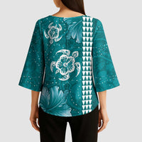 Teal Hibiscus Turle Kimono Sleeve Blouse Hawaiian Style Tribal Tapa Pattern LT9 - Polynesian Pride