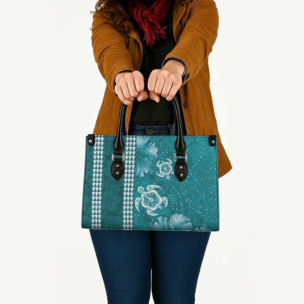 Teal Hibiscus Turle Leather Bag Hawaiian Style Tribal Tapa Pattern - Polynesian Pride