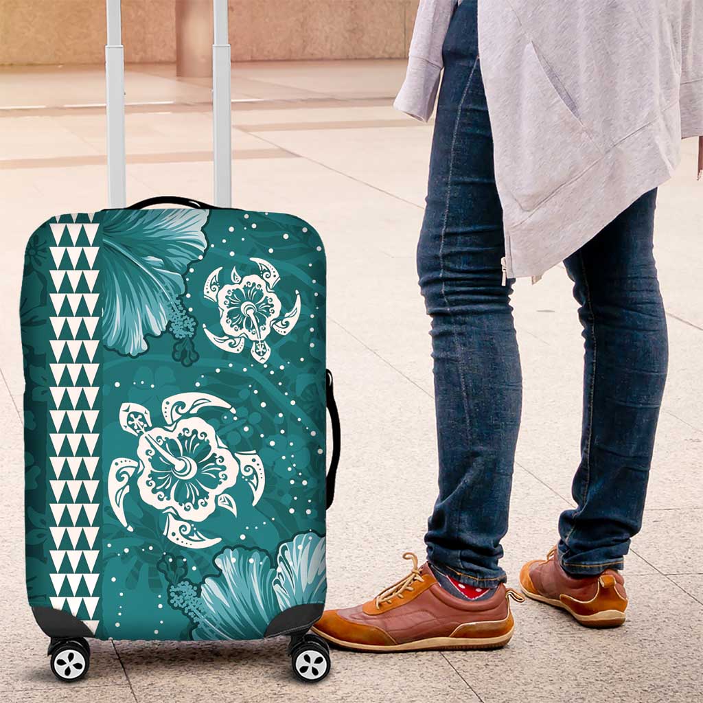 Teal Hibiscus Turle Luggage Cover Hawaiian Style Tribal Tapa Pattern