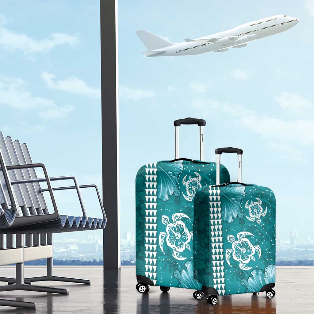 Teal Hibiscus Turle Luggage Cover Hawaiian Style Tribal Tapa Pattern