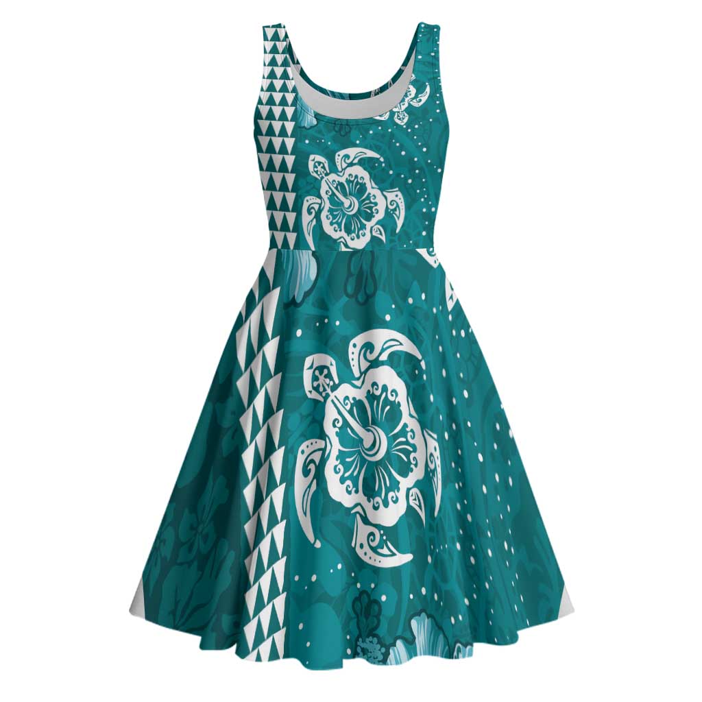 Teal Hibiscus Turle Midi Dress Hawaiian Style Tribal Tapa Pattern - Polynesian Pride
