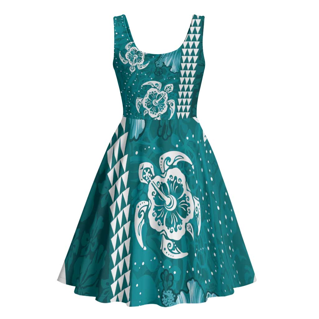 Teal Hibiscus Turle Midi Dress Hawaiian Style Tribal Tapa Pattern LT9 - Polynesian Pride