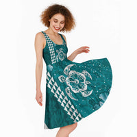 Teal Hibiscus Turle Midi Dress Hawaiian Style Tribal Tapa Pattern LT9 - Polynesian Pride
