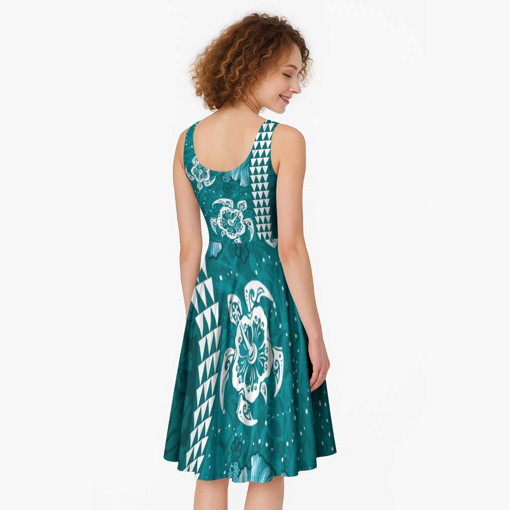 Teal Hibiscus Turle Midi Dress Hawaiian Style Tribal Tapa Pattern LT9 - Polynesian Pride