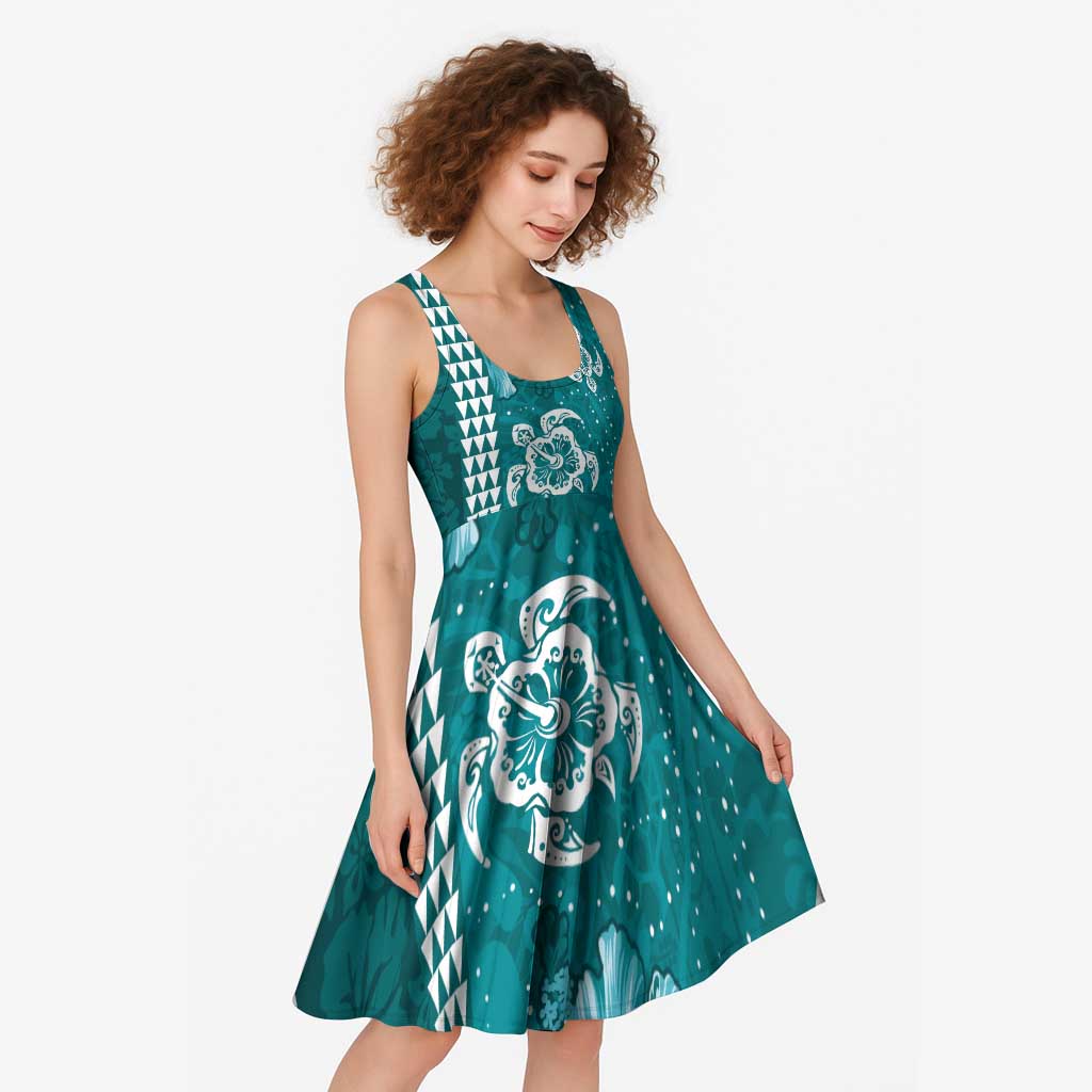 Teal Hibiscus Turle Midi Dress Hawaiian Style Tribal Tapa Pattern LT9 - Polynesian Pride