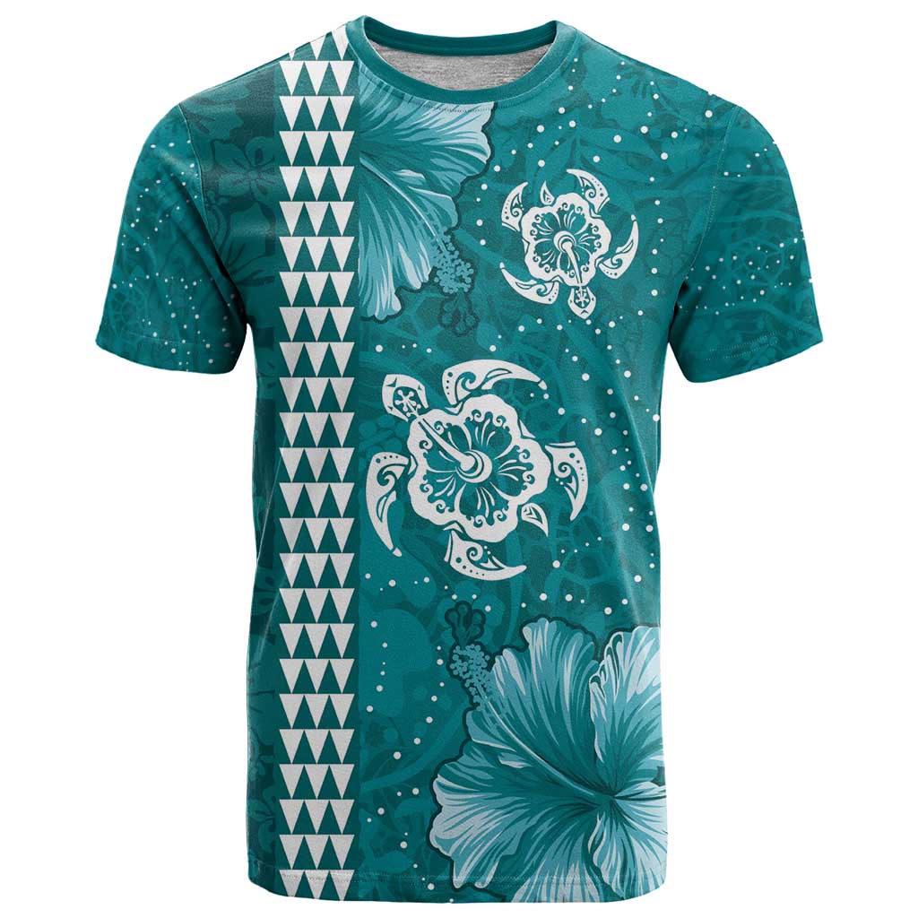 Teal Hibiscus Turle T Shirt Hawaiian Style Tribal Tapa Pattern
