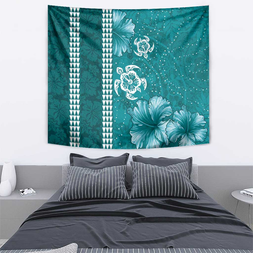 Teal Hibiscus Turle Tapestry Hawaiian Style Tribal Tapa Pattern