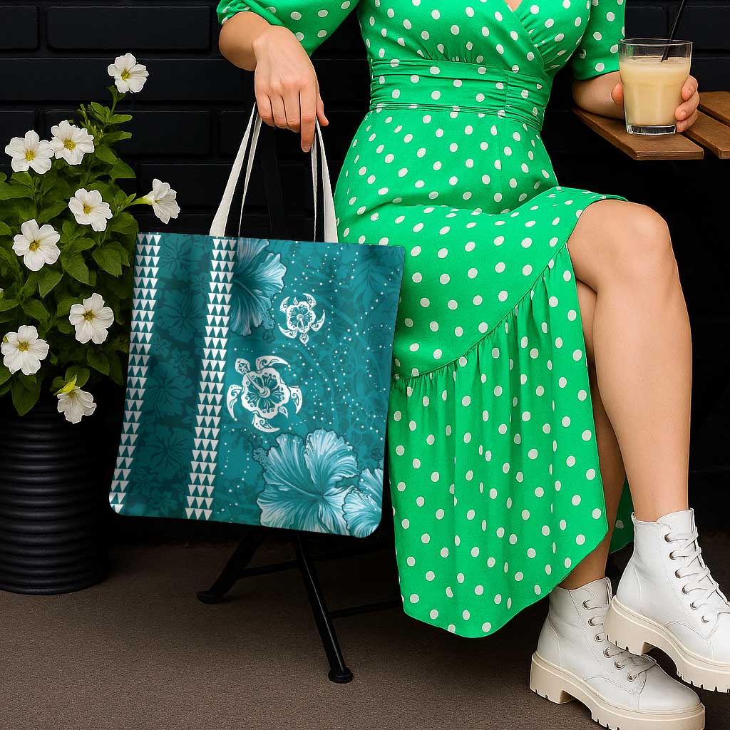 Teal Hibiscus Turle Tote Bag Hawaiian Style Tribal Tapa Pattern - Polynesian Pride