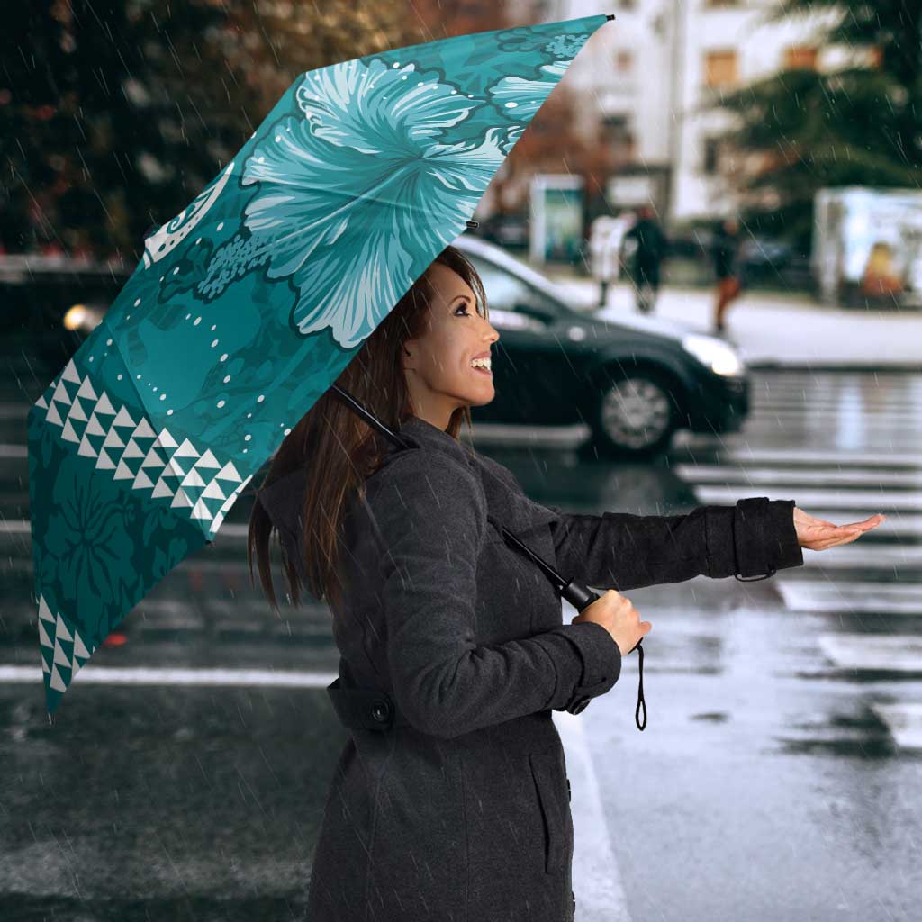 Teal Hibiscus Turle Umbrella Hawaiian Style Tribal Tapa Pattern - Polynesian Pride
