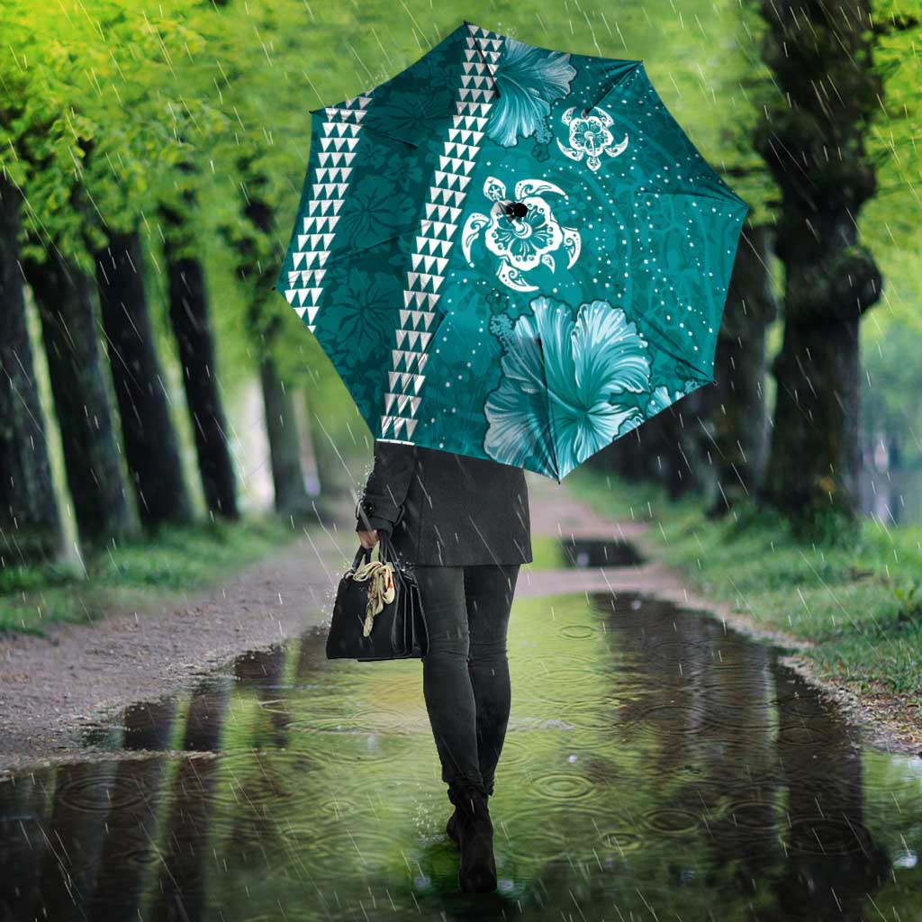 Teal Hibiscus Turle Umbrella Hawaiian Style Tribal Tapa Pattern - Polynesian Pride