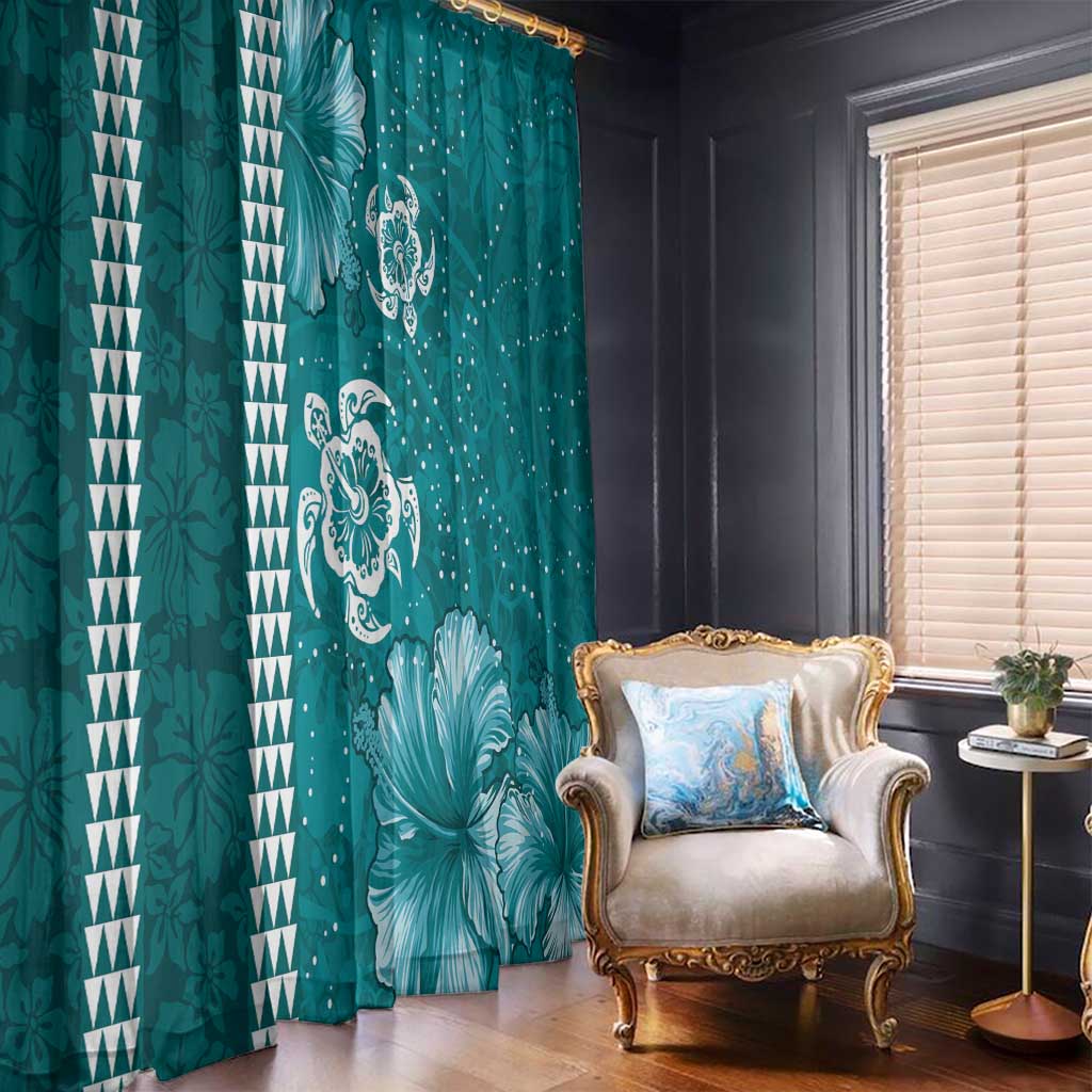 Teal Hibiscus Turle Window Curtain Hawaiian Style Tribal Tapa Pattern