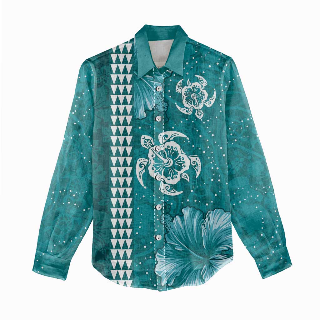 Teal Hibiscus Turle Women Casual Shirt Hawaiian Style Tribal Tapa Pattern