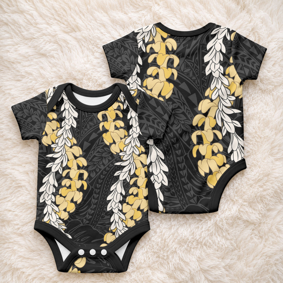 Puakenikeni and Maile Lei Baby Onesie Black Double Strand Lei LT9 - Polynesian Pride