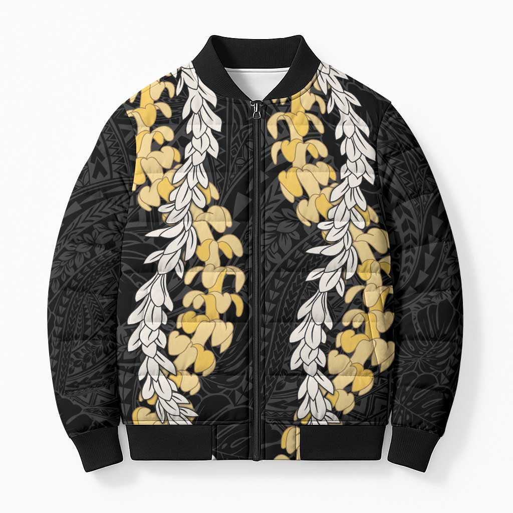 Puakenikeni and Maile Lei Bomber Puffer Jacket Black Double Strand Lei - Polynesian Pride