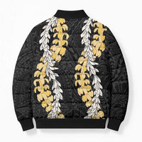 Puakenikeni and Maile Lei Bomber Puffer Jacket Black Double Strand Lei - Polynesian Pride