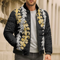 Puakenikeni and Maile Lei Bomber Puffer Jacket Black Double Strand Lei - Polynesian Pride