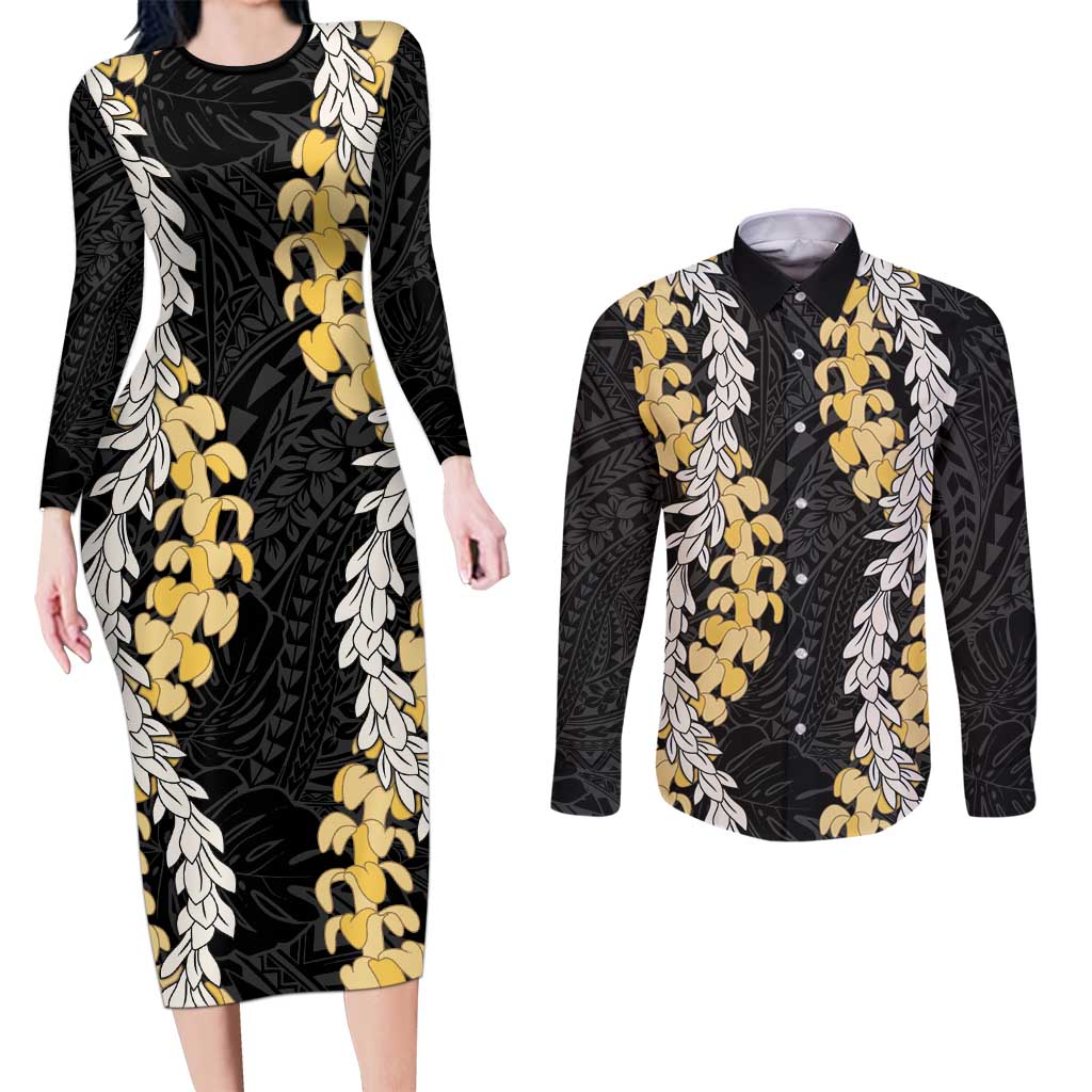 Puakenikeni and Maile Lei Couples Matching Long Sleeve Bodycon Dress and Long Sleeve Button Shirt Black Double Strand Lei