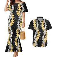 Puakenikeni and Maile Lei Couples Matching Mermaid Dress and Hawaiian Shirt Black Double Strand Lei