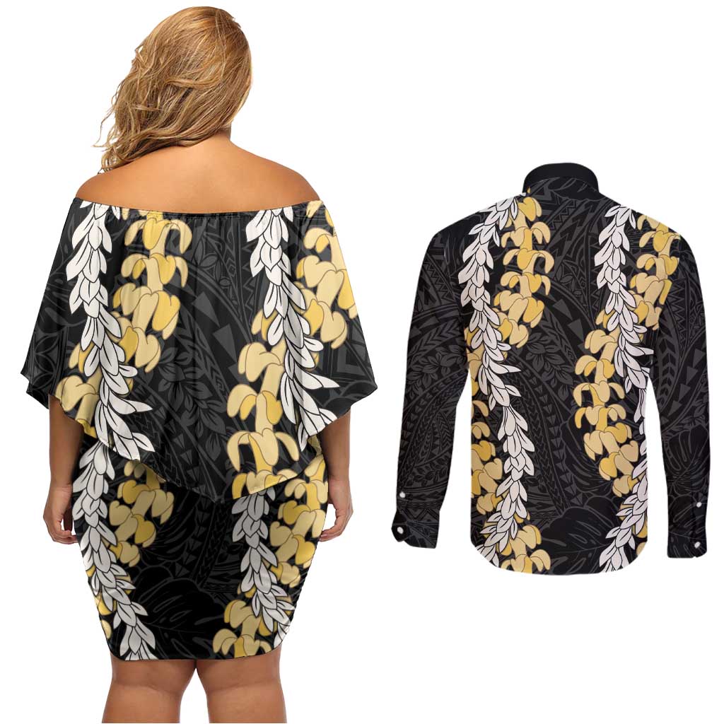 Puakenikeni and Maile Lei Couples Matching Off Shoulder Short Dress and Long Sleeve Button Shirt Black Double Strand Lei