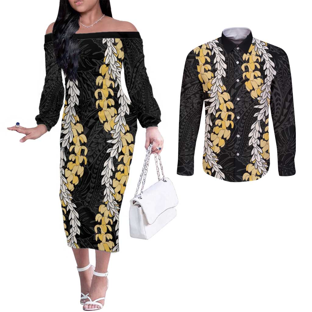 Puakenikeni and Maile Lei Couples Matching Off The Shoulder Long Sleeve Dress and Long Sleeve Button Shirt Black Double Strand Lei