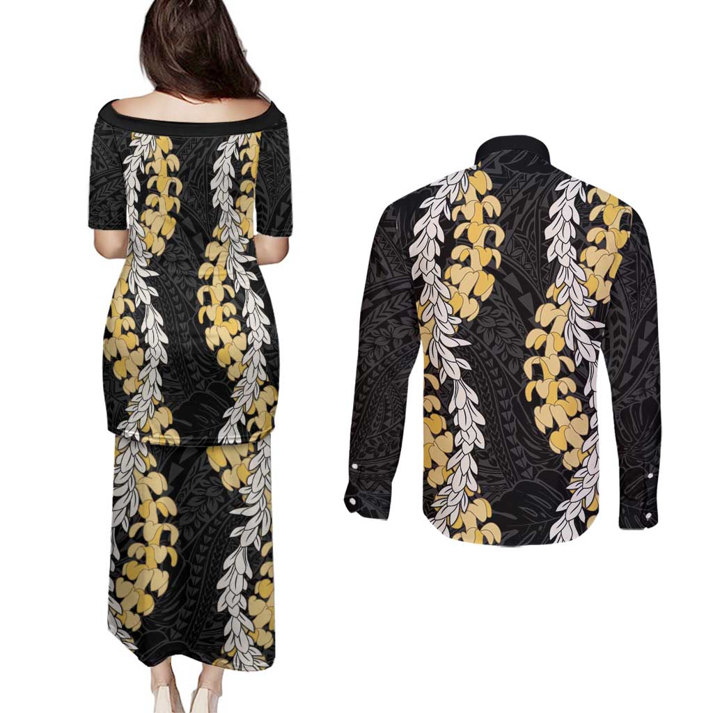 Puakenikeni and Maile Lei Couples Matching Puletasi and Long Sleeve Button Shirt Black Double Strand Lei