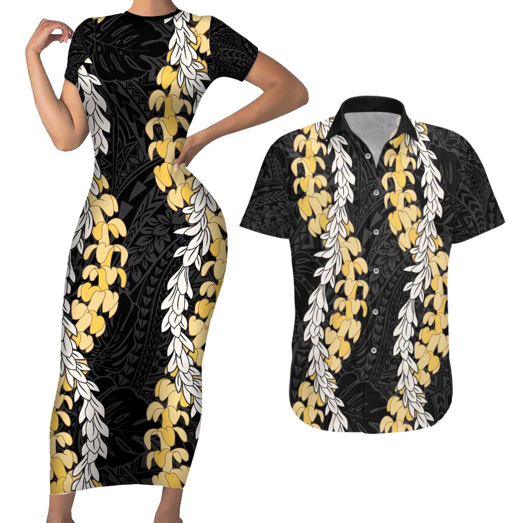 Puakenikeni and Maile Lei Couples Matching Short Sleeve Bodycon Dress and Hawaiian Shirt Black Double Strand Lei LT9 Black - Polynesian Pride