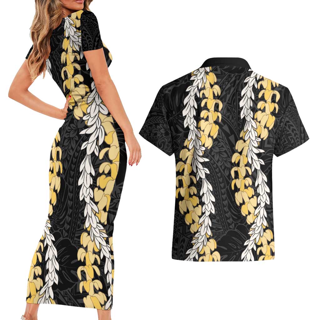 Puakenikeni and Maile Lei Couples Matching Short Sleeve Bodycon Dress and Hawaiian Shirt Black Double Strand Lei LT9 - Polynesian Pride