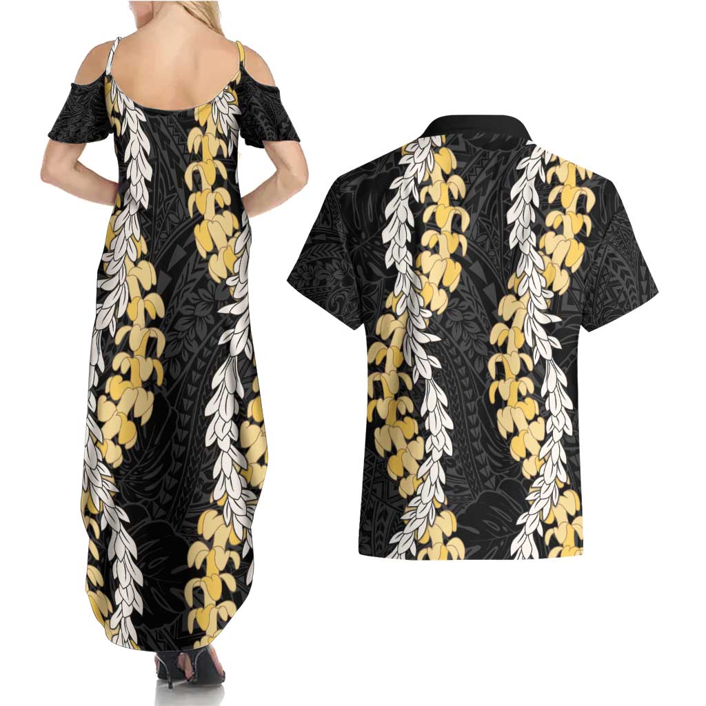 Puakenikeni and Maile Lei Couples Matching Summer Maxi Dress and Hawaiian Shirt Black Double Strand Lei