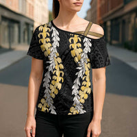 Puakenikeni and Maile Lei Cross Shoulder Shirt Black Double Strand Lei - Polynesian Pride