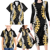 Puakenikeni and Maile Lei Family Matching Long Sleeve Bodycon Dress and Hawaiian Shirt Black Double Strand Lei LT9 - Polynesian Pride