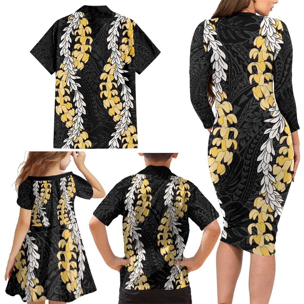 Puakenikeni and Maile Lei Family Matching Long Sleeve Bodycon Dress and Hawaiian Shirt Black Double Strand Lei LT9 - Polynesian Pride