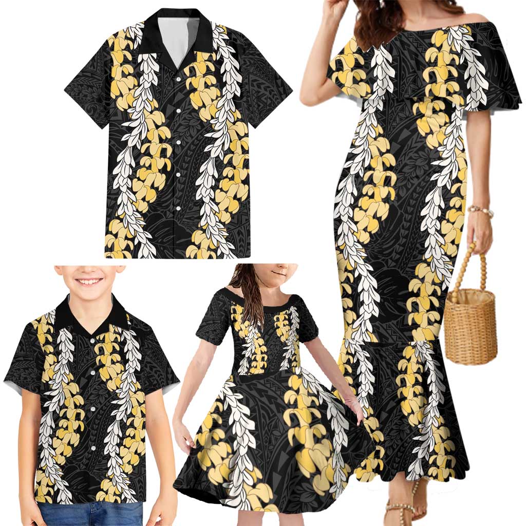 Puakenikeni and Maile Lei Family Matching Mermaid Dress and Hawaiian Shirt Black Double Strand Lei LT9 - Polynesian Pride
